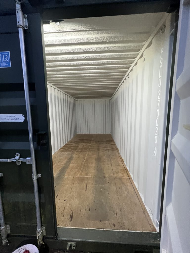 Standard 20' shipping container with condensation guard and internal lighting at Self Storage Hire 