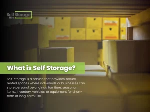 What is Self Storage? Informational graphic with stacked cardboard boxes in storage unit